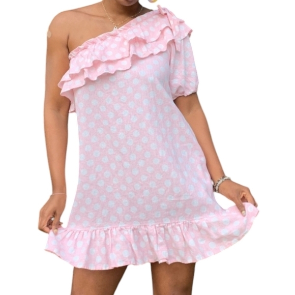 Lisa Marie Fernandez Dresses & Skirts - Lisa Marie Fernandez Targer linen pink white polka dot one shoulder dress sz med